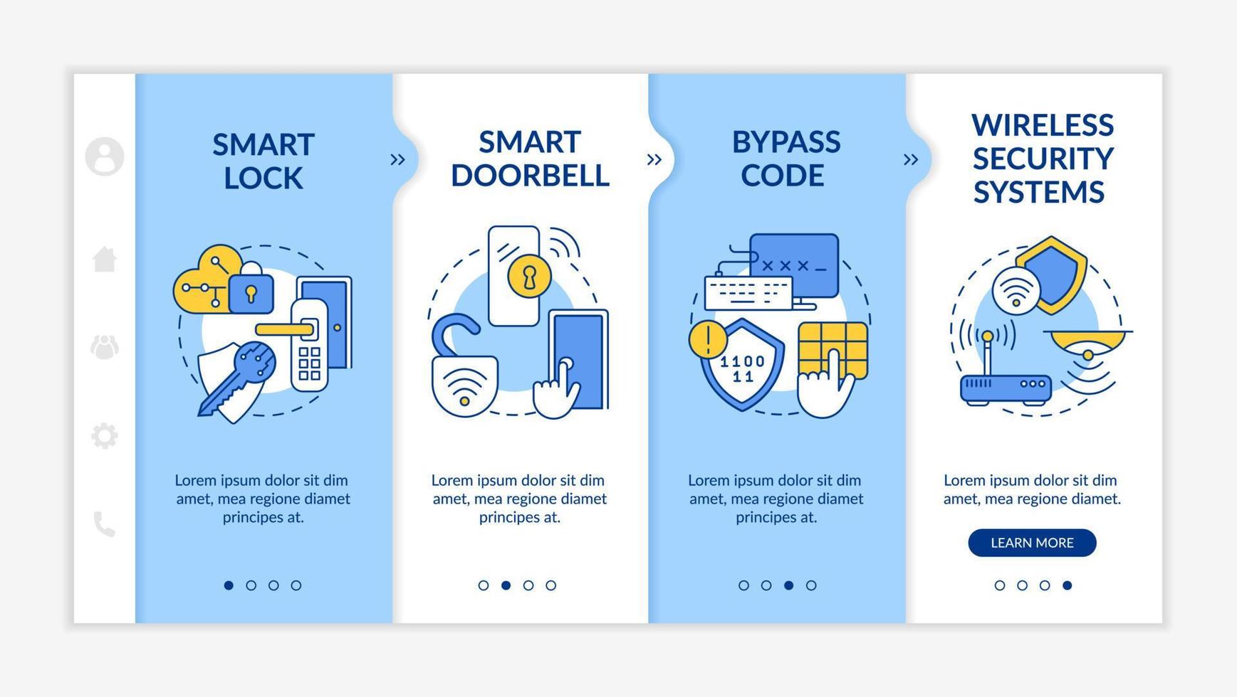 plantilla de vector de incorporación de sistema de seguridad digital. sitio web móvil receptivo con iconos. Tutorial de la página web Pantallas de 4 pasos. Concepto de color del sistema de seguridad para el hogar inalámbrico con ilustraciones lineales