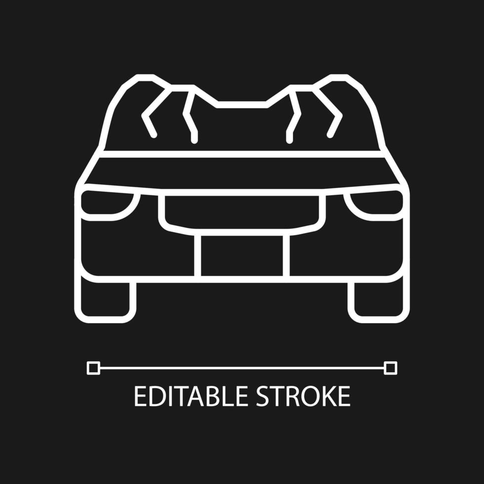 Car roof damage white linear icon for dark theme. Rollover accident. Auto collapse. Car accident. Thin line customizable illustration. Isolated vector contour symbol for night mode. Editable stroke