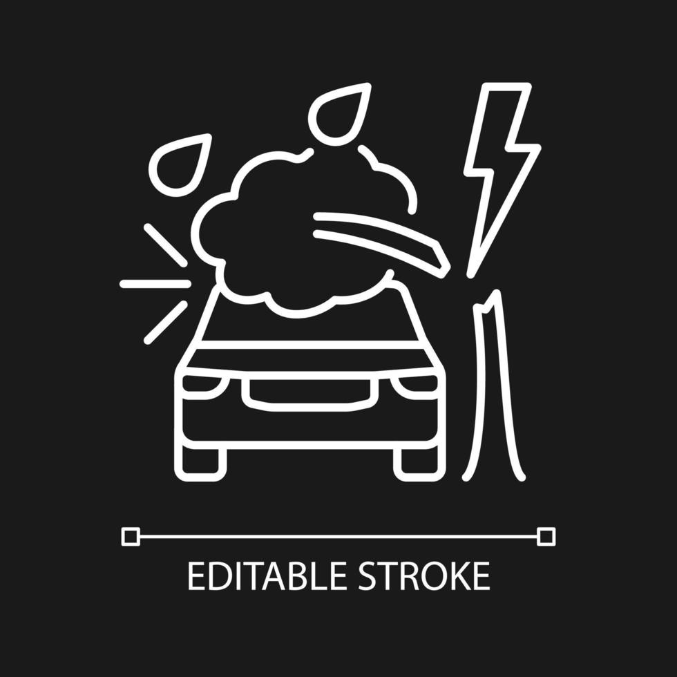 Weather related damage white linear icon for dark theme. Tree falling on car. Windscreen damage. Thin line customizable illustration. Isolated vector contour symbol for night mode. Editable stroke