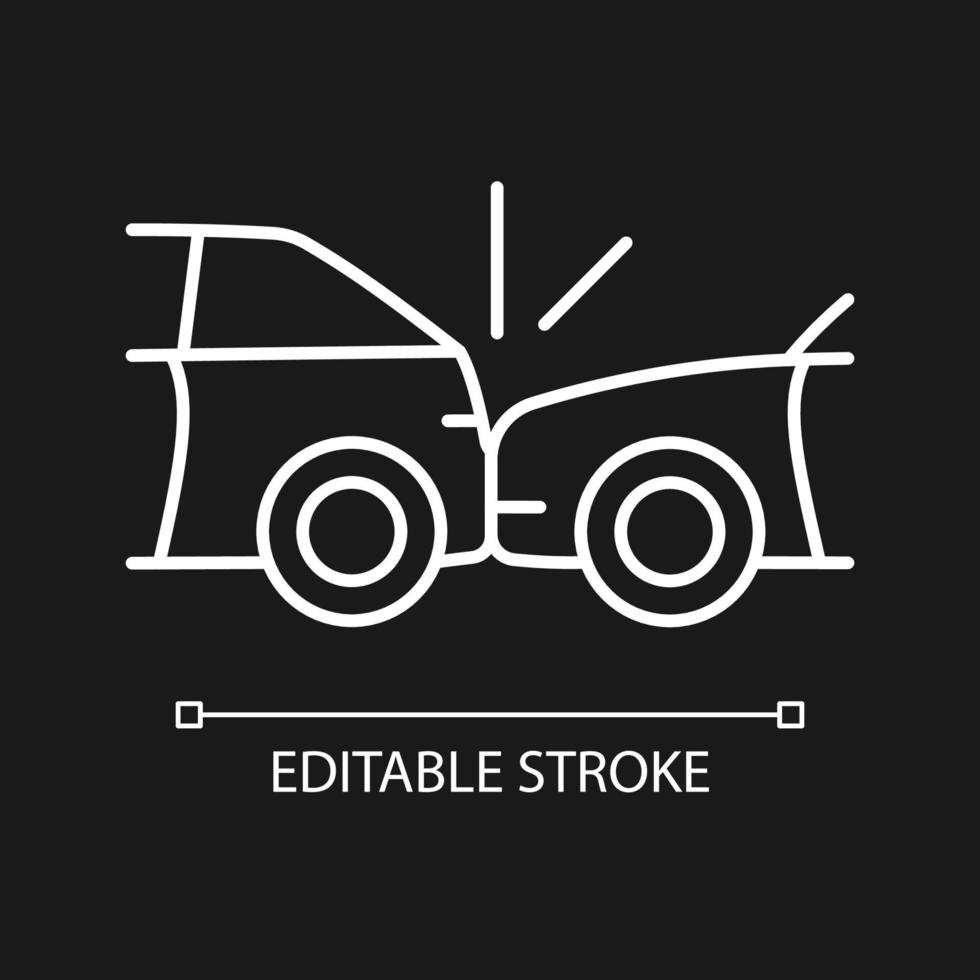 Rear-end collision white linear icon for dark theme. Hitting vehicle from behind. Congested traffic. Thin line customizable illustration. Isolated vector contour symbol for night mode. Editable stroke