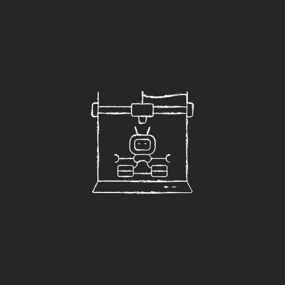 3d robots printing chalk white icon on dark background. Robotic additive manufacturing. Innovative robot building process. Construction method. Isolated vector chalkboard illustration on black