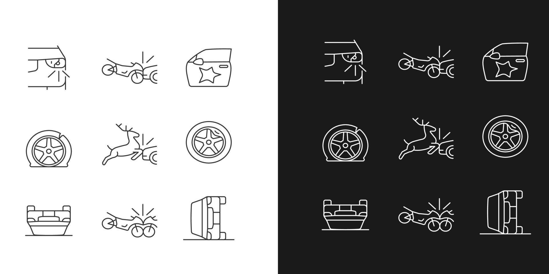 Common car crashes linear icons set for dark and light mode. Rollover accidents. Wildlife vehicle collision. Customizable thin line symbols. Isolated vector outline illustrations. Editable stroke