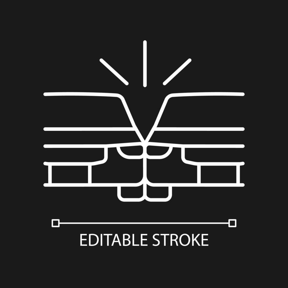 Sideswipe car accident white linear icon for dark theme. Blind spot crash. Changing lanes risk. Thin line customizable illustration. Isolated vector contour symbol for night mode. Editable stroke