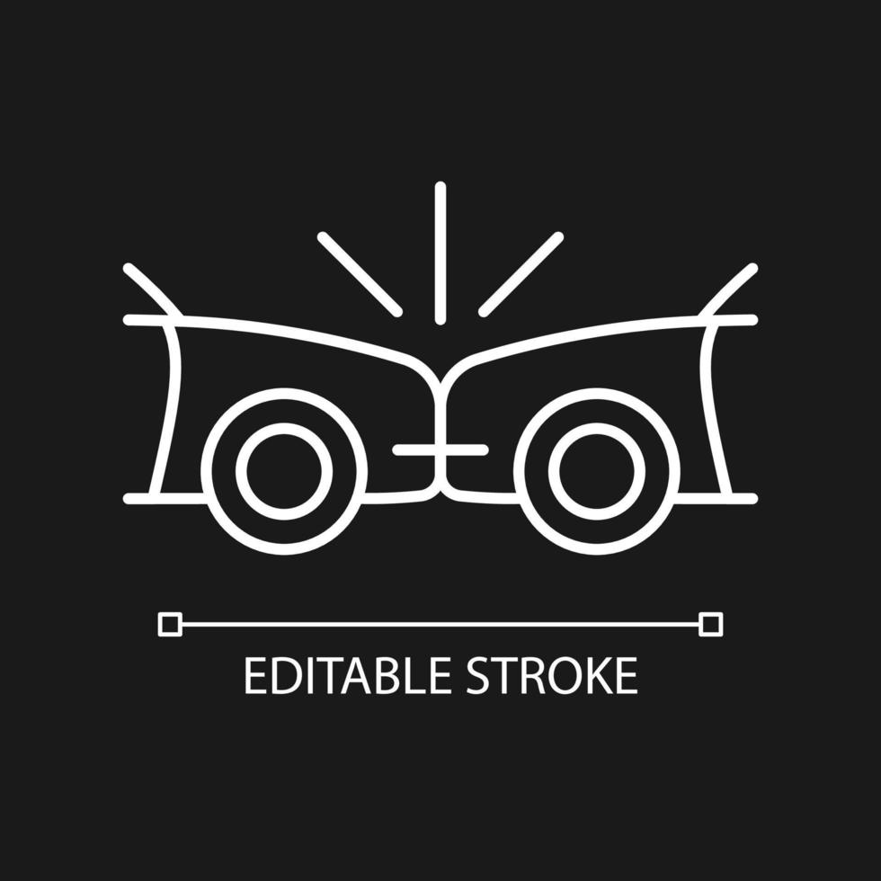 Head-on collision white linear icon for dark theme. Two vehicles collide into one another. Thin line customizable illustration. Isolated vector contour symbol for night mode. Editable stroke