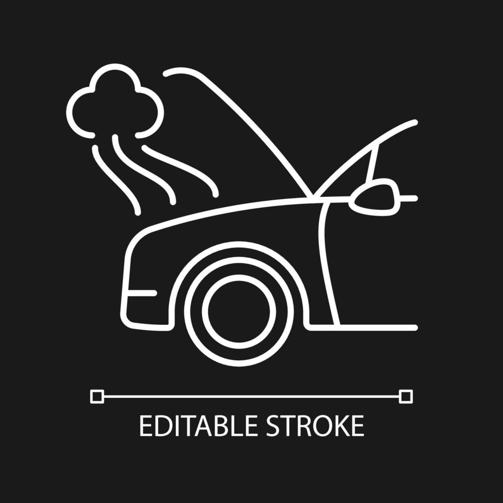 Car engine damage white linear icon for dark theme. Front end collision. Mechanical breakdown. Thin line customizable illustration. Isolated vector contour symbol for night mode. Editable stroke