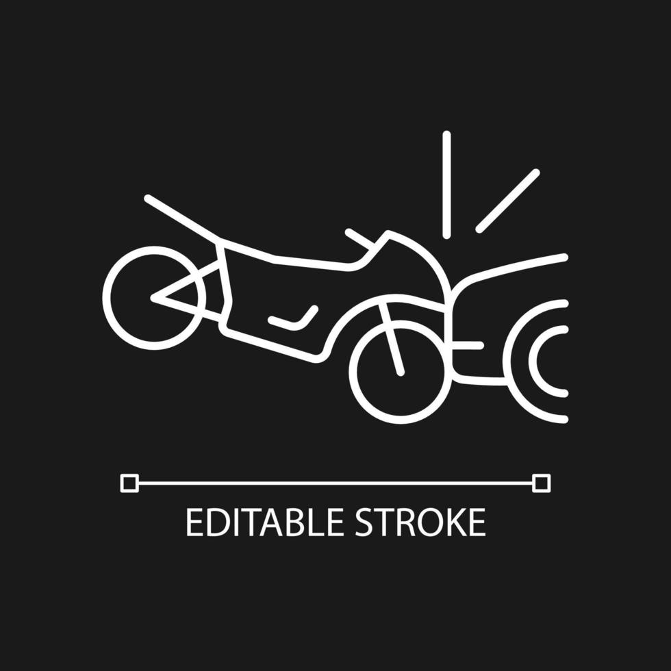 Collision with motorcycle white linear icon for dark theme. Dangerous situation for motorcyclist. Thin line customizable illustration. Isolated vector contour symbol for night mode. Editable stroke