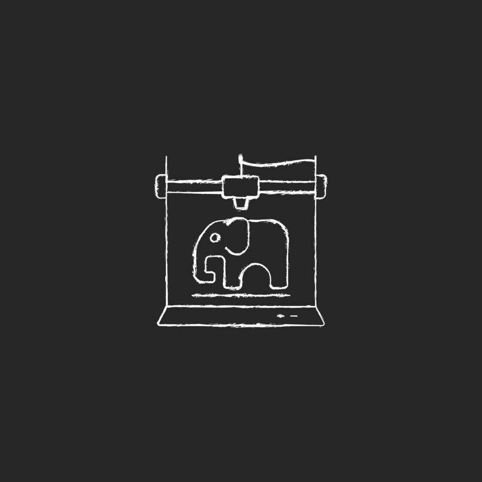 3d printed toys chalk white icon on dark background. Replacing missing toy parts. Creating 3d models for kids. Using food-safe material. Manufacturing. Isolated vector chalkboard illustration on black