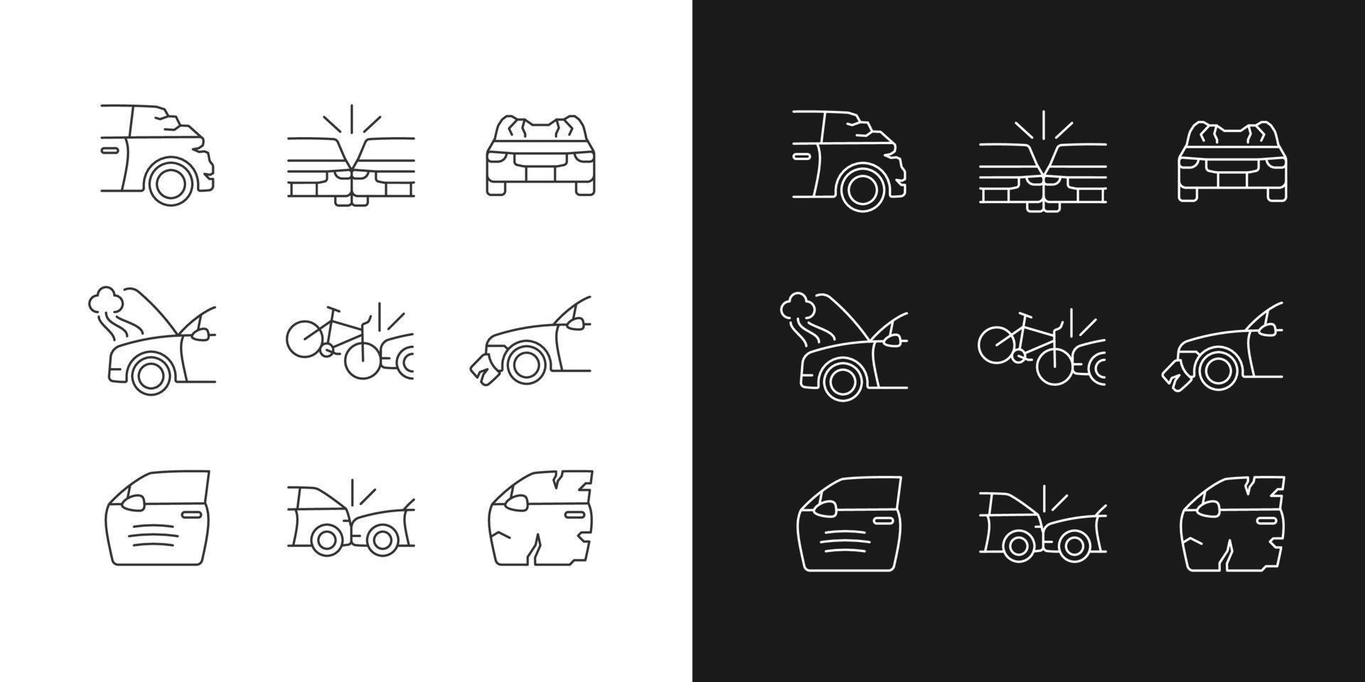 Road traffic accidents linear icons set for dark and light mode. Car damaged body parts. Car-on-bike collision. Customizable thin line symbols. Isolated vector outline illustrations. Editable stroke