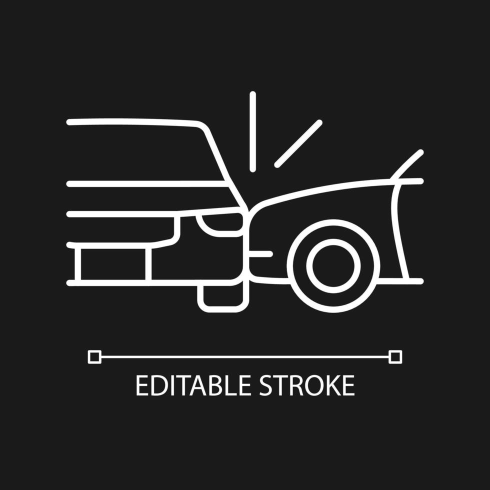 Side collision white linear icon for dark theme. Broadside crash. T-bone collision. Car accident. Thin line customizable illustration. Isolated vector contour symbol for night mode. Editable stroke