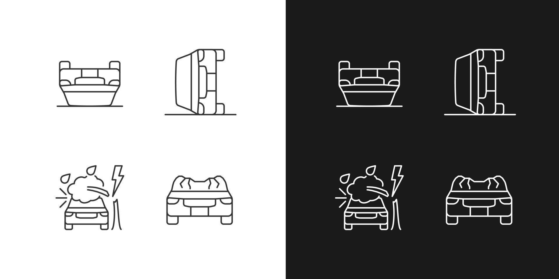 Iconos lineales de colisiones de vehículos de motor establecidos para el modo oscuro y claro. Daños relacionados con el clima. desplazamiento del techo. símbolos de línea fina personalizables. ilustraciones de contorno de vector aislado. trazo editable