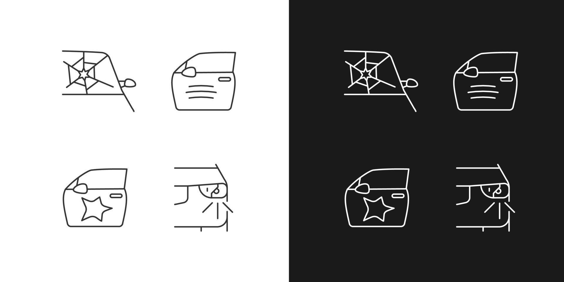 Auto accident types linear icons set for dark and light mode. Windscreen damage. Door panel dents. Customizable thin line symbols. Isolated vector outline illustrations. Editable stroke