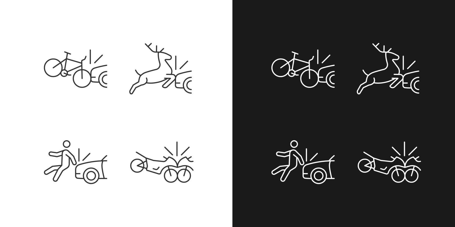 escenarios de colisión de tráfico iconos lineales establecidos para el modo oscuro y claro. accidente de bicicleta. chocando con la vida silvestre. símbolos de línea fina personalizables. ilustraciones de contorno de vector aislado. trazo editable