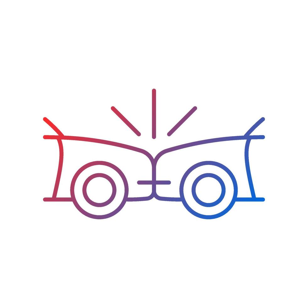 Head-on collision gradient linear vector icon. Frontal crash. Two vehicles collide into one another. Auto accident. Thin line color symbol. Modern style pictogram. Vector isolated outline drawing