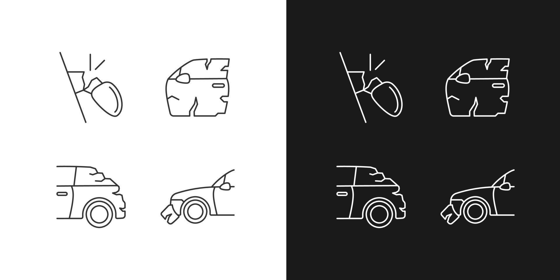 Auto body damage linear icons set for dark and light mode. Broken view mirror. Scratches in vehicle exterior. Customizable thin line symbols. Isolated vector outline illustrations. Editable stroke