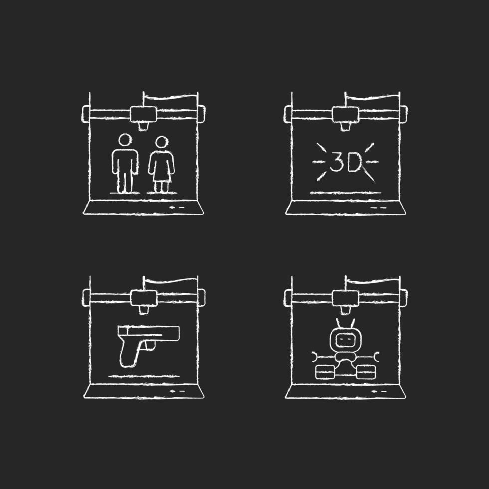 Produce 3d models chalk white icons set on dark background. Three dimensional object fabrication. Weapon manufacture. Robotic additive manufacturing. Isolated vector chalkboard illustrations on black