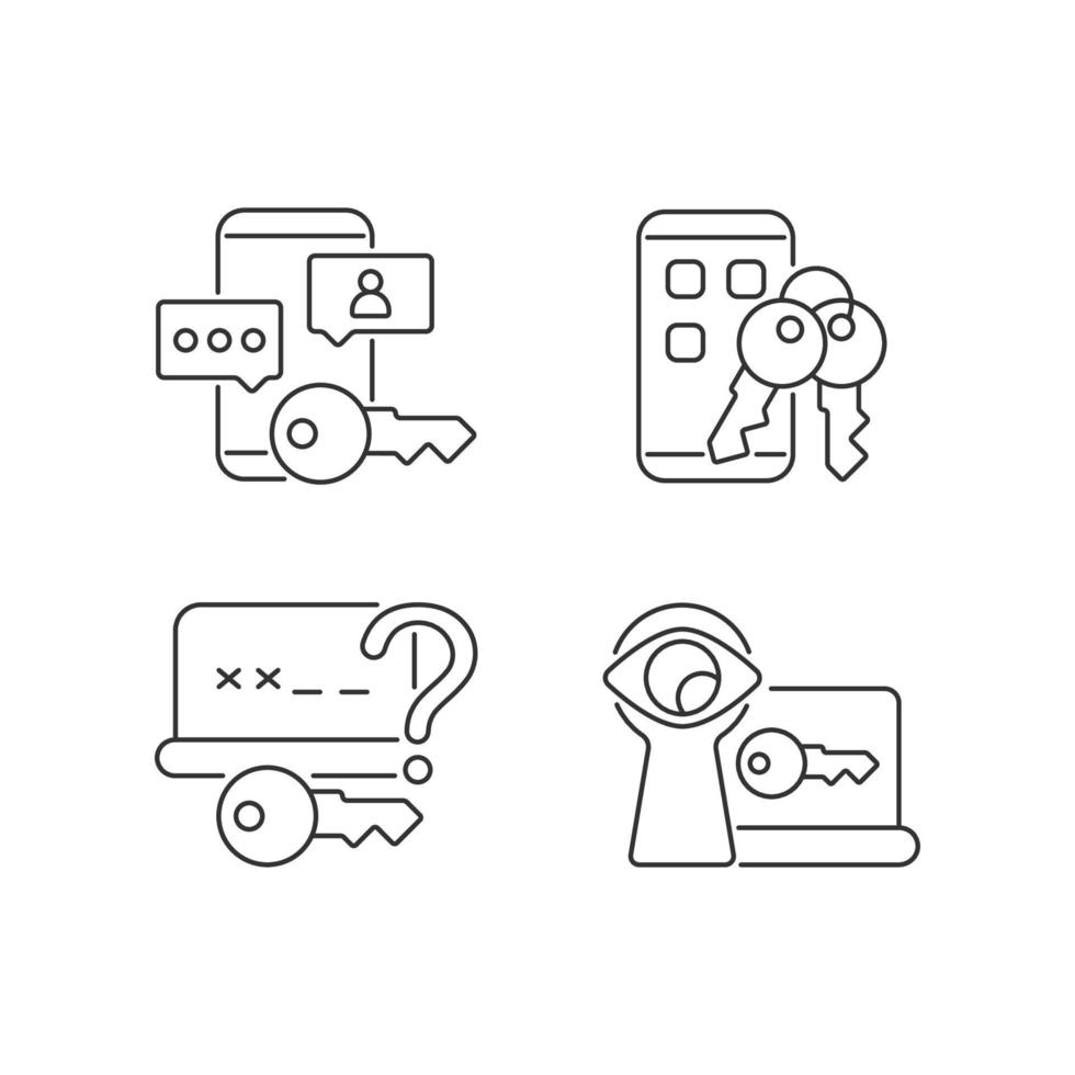 Password protection linear icons set. Social media safety. Phone lock. Shoulder surfing. Customizable thin line contour symbols. Isolated vector outline illustrations. Editable stroke