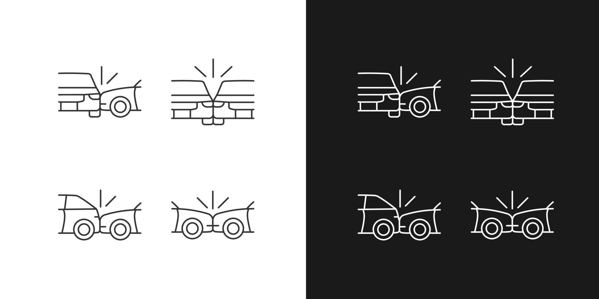 Vehicle crashes linear icons set for dark and light mode. T-bone collision. Sideswipe car accident. Hitting auto. Customizable thin line symbols. Isolated vector outline illustrations. Editable stroke