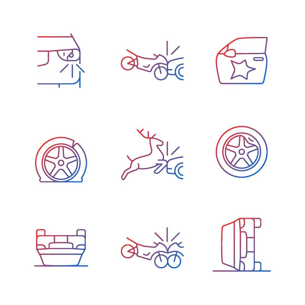 Common car crashes gradient linear vector icons set. Rollover accidents. Wildlife vehicle collision. Motorcycle crashes. Thin line contour symbols bundle. Isolated outline illustrations collection