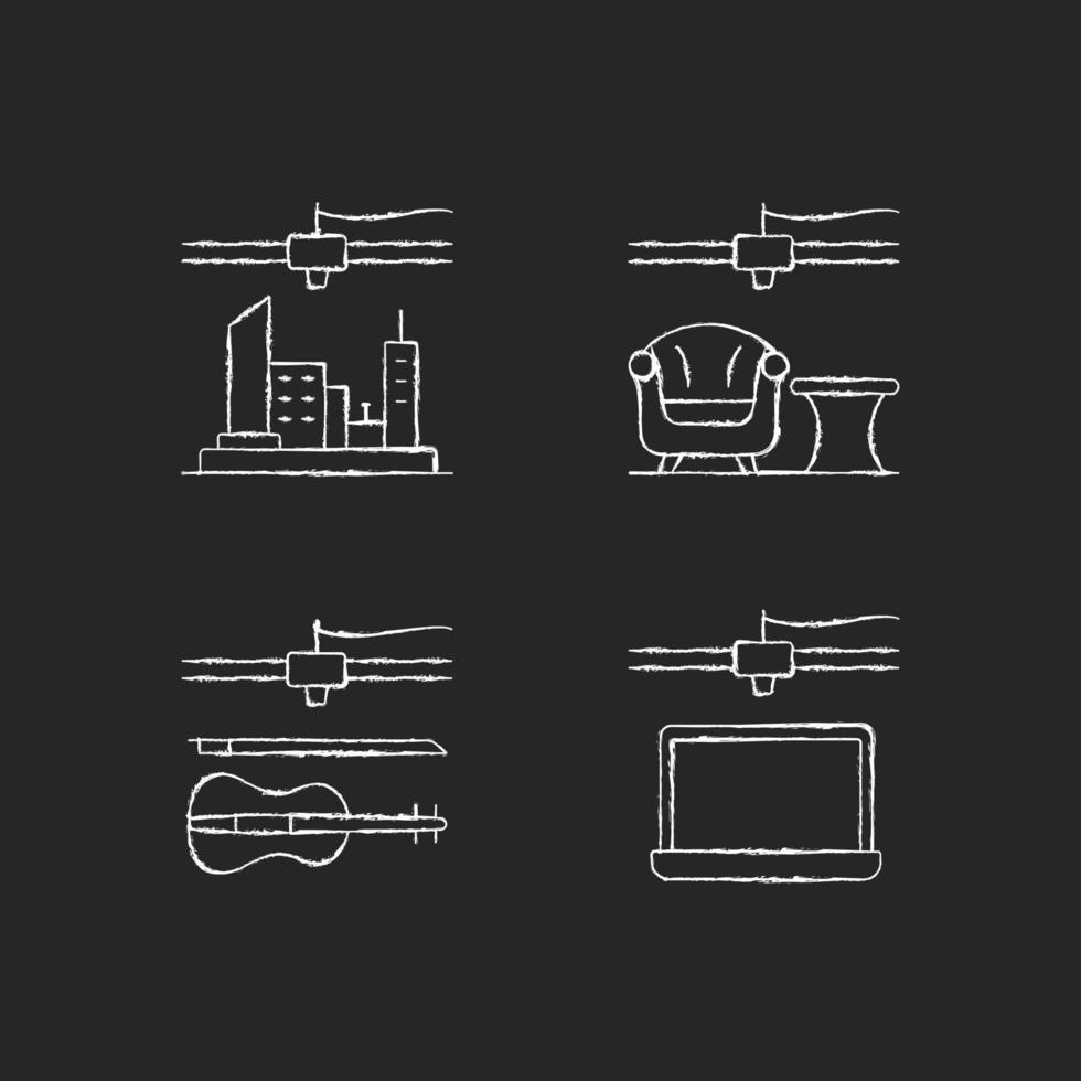 producción de objetos tridimensionales iconos de tiza blanca sobre fondo oscuro. Modelo de ciudad 3d. industria del mueble. proceso de fabricación de electrónica. ilustraciones de pizarra de vector aislado en negro