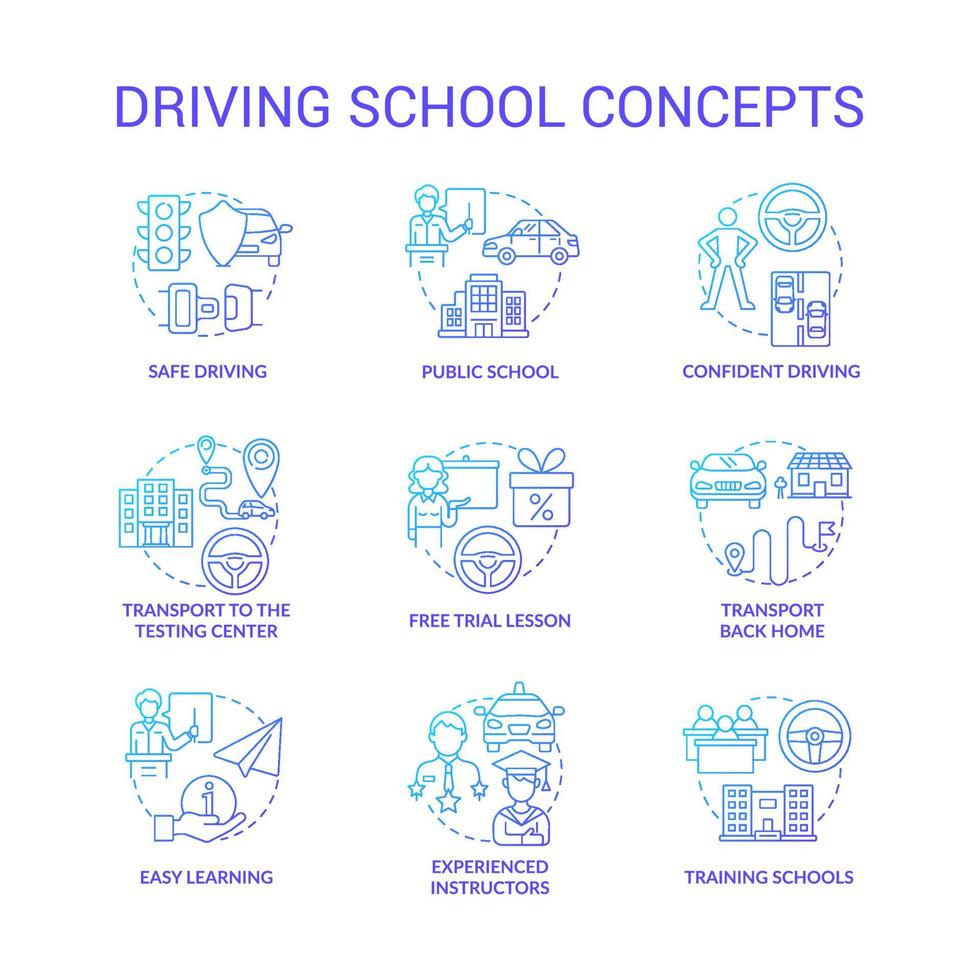 Conjunto de iconos de concepto degradado azul de escuela de conducción. ilustraciones en color de línea fina de idea de educación de conducción de automóviles. aprender las señales y las reglas de la carretera. Licencia de conducir. dibujos de contorno aislados vectoriales vector