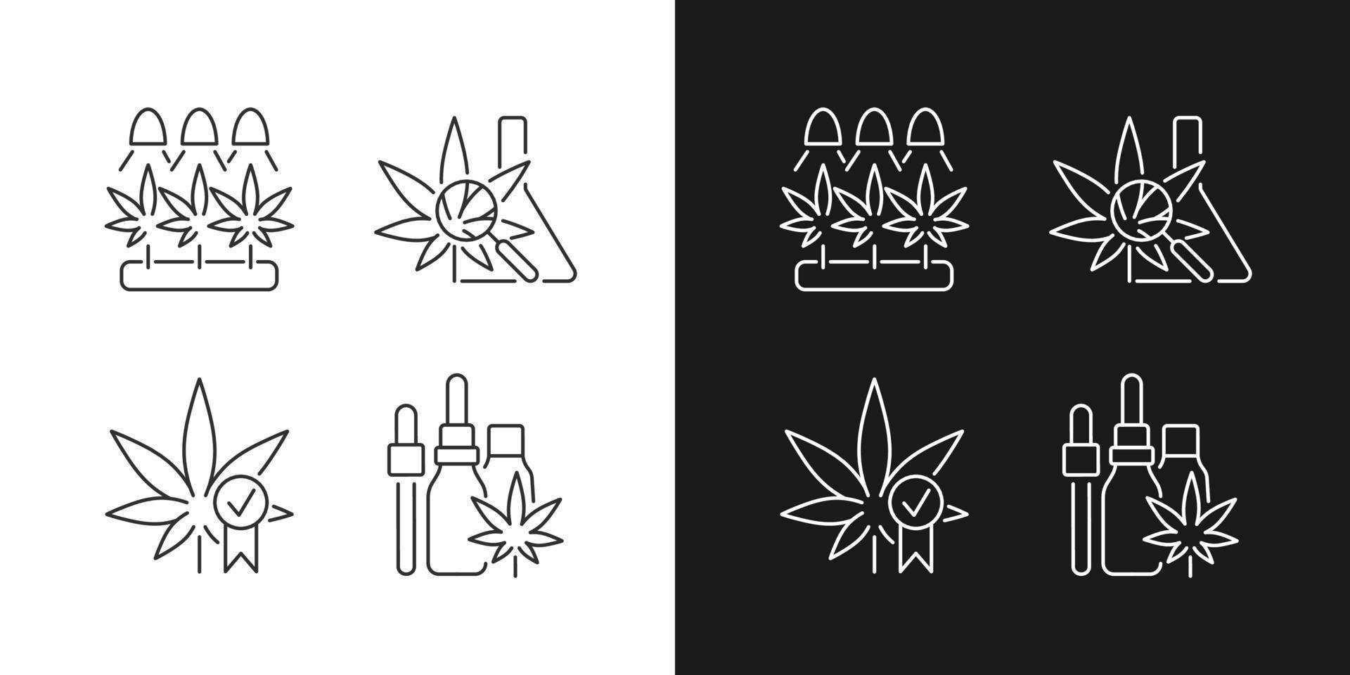 iconos lineales de cultivo de cannabis establecidos para el modo oscuro y claro. investigación médica. certificacion de calidad. aceite de cáñamo. símbolos de línea fina personalizables. ilustraciones de contorno de vector aislado. trazo editable