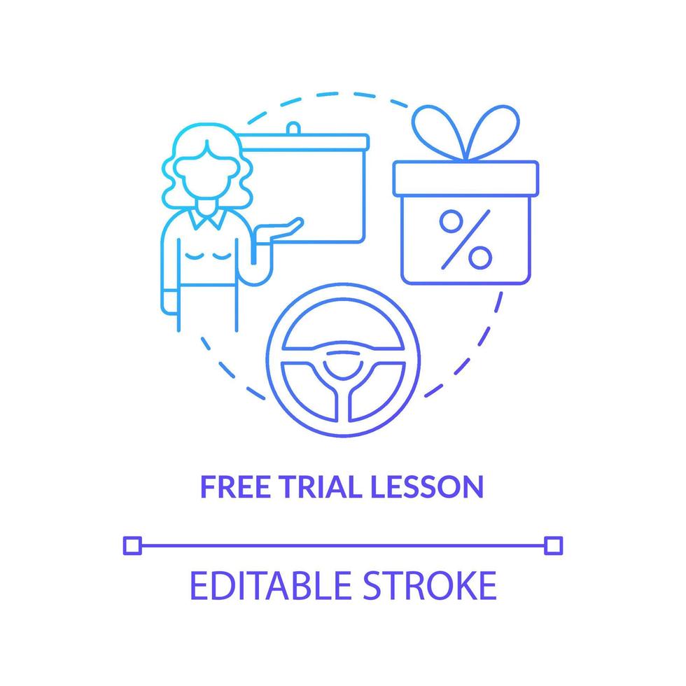 Free trial lesson blue gradient concept icon. Driving school offer abstract idea thin line illustration. Automobile riding course. Test class. Vector isolated outline color drawing