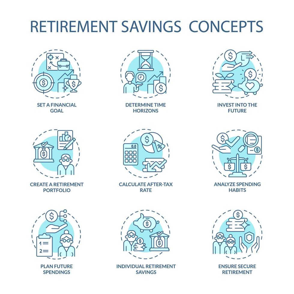 Pension savings concept icons set. Create fund for retirement idea thin line color illustrations. Money management. Future spendings calculation. Vector isolated outline drawings. Editable stroke