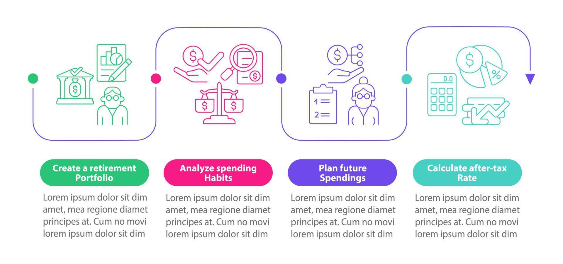Saving for pension vector infographic template. Plan future exposes presentation outline design elements. Data visualization with 4 steps. Process timeline info chart. Workflow layout with line icons