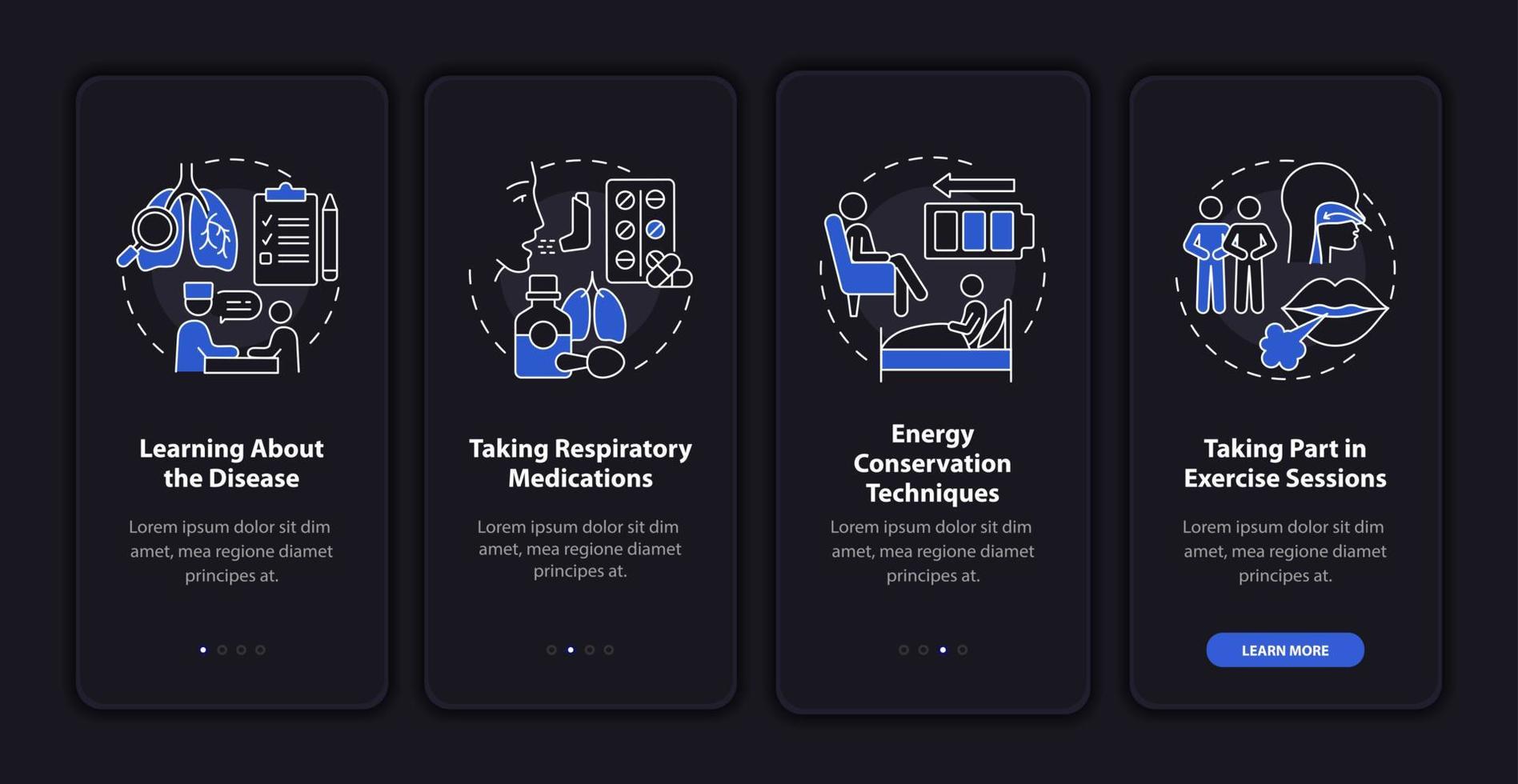 Pulmonary rehab program dark onboarding mobile app page screen. Treatment walkthrough 4 steps graphic instructions with concepts. UI, UX, GUI vector template with linear night mode illustrations