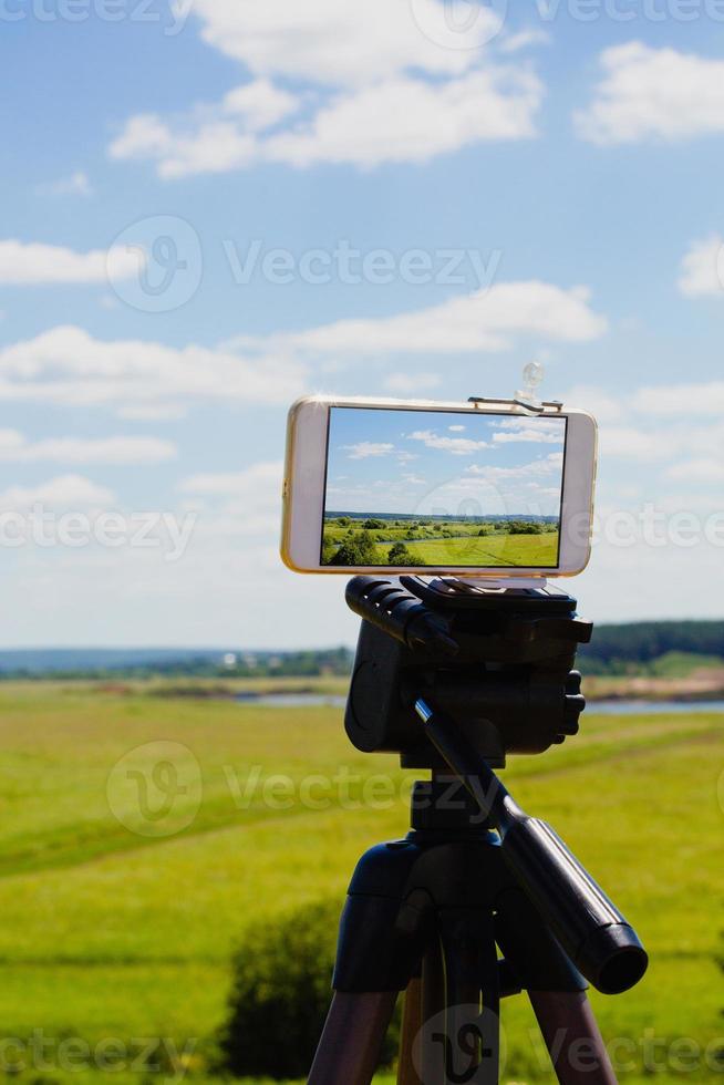 Smartphone on tripod capturing summer landscape photo