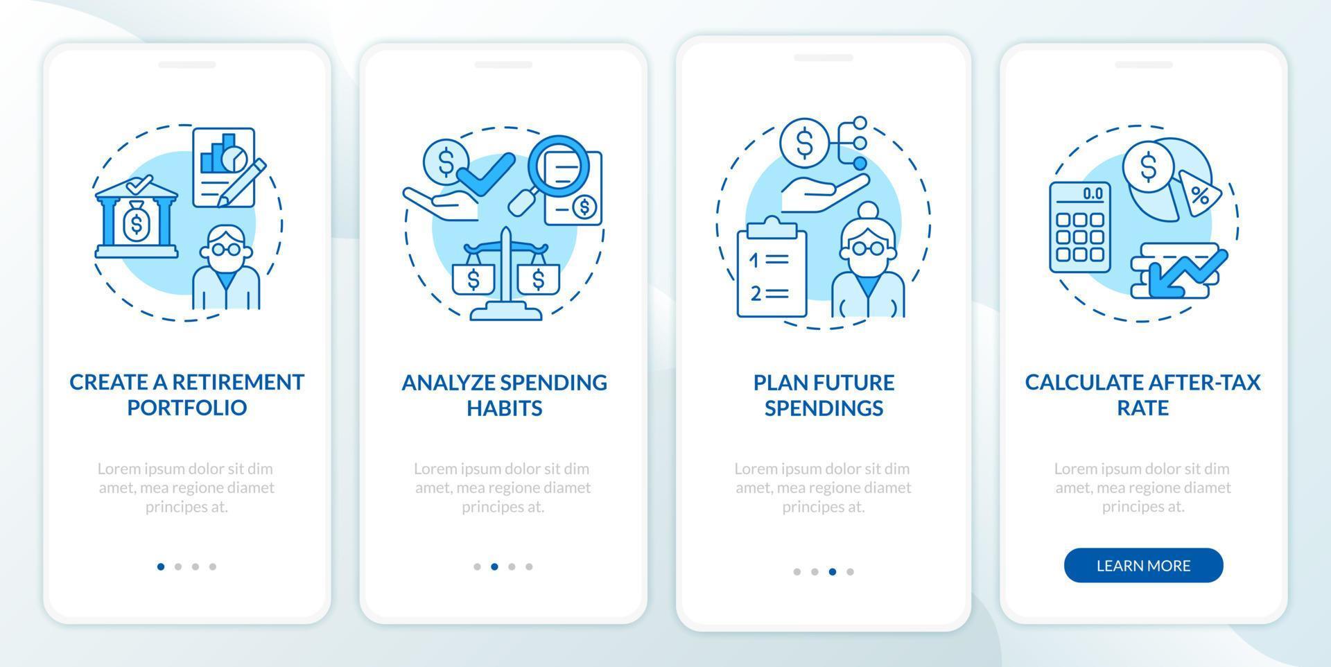 Retirement fund plan onboarding mobile app page screen. Creating pension portfolio walkthrough 4 steps graphic instructions with concepts. UI, UX, GUI vector template with linear color illustrations