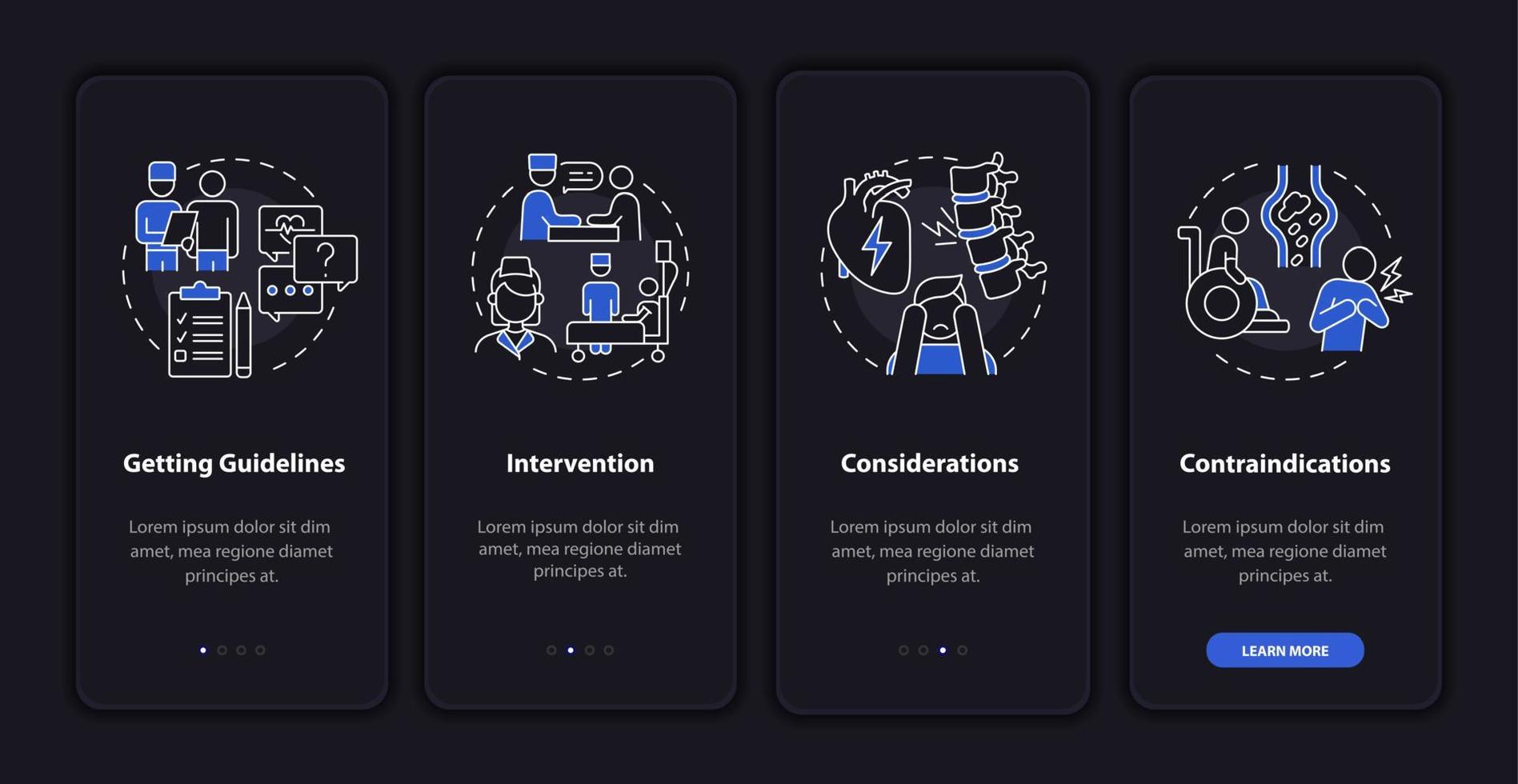 Pulmonary rehab process dark onboarding mobile app page screen. Recovery plan walkthrough 4 steps graphic instructions with concepts. UI, UX, GUI vector template with linear night mode illustrations