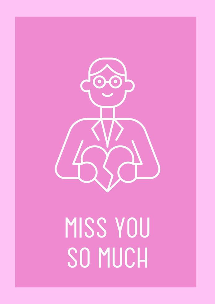 Missing romantic partner postcard with linear glyph icon. Greeting card with decorative vector design. Simple style poster with creative lineart illustration. Flyer with holiday wish