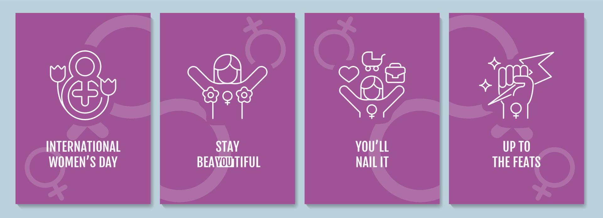 International women day postcard with linear glyph icon set. Greeting card with decorative vector design. Simple style poster with creative lineart illustration. Flyer with holiday wish pack