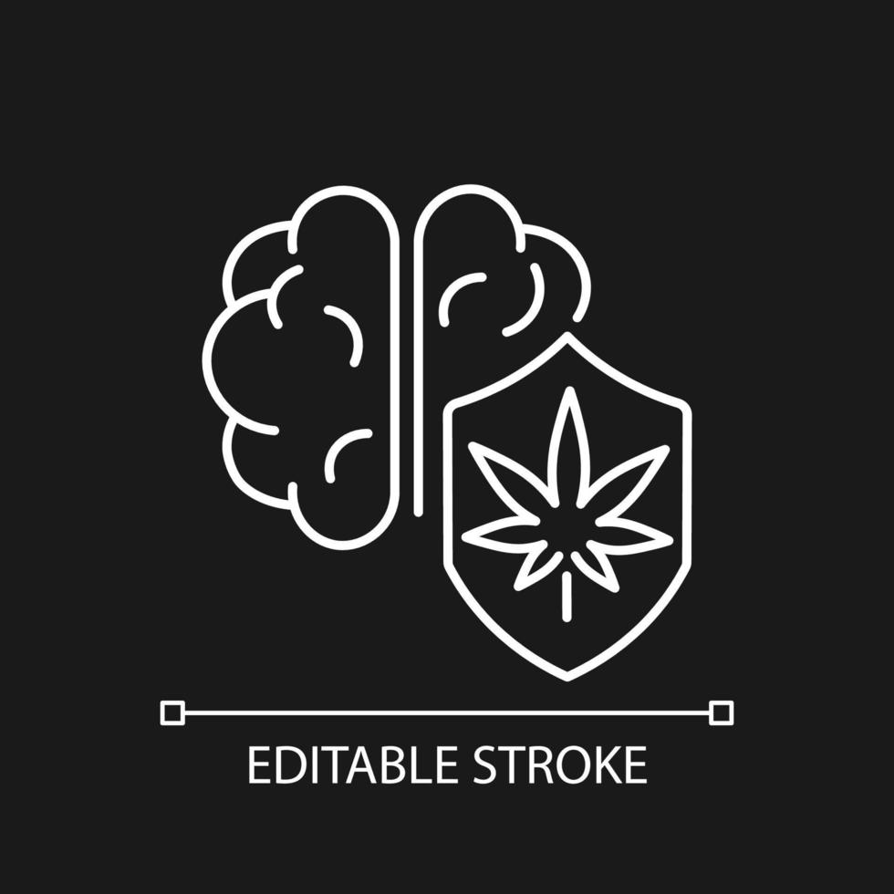 Marijuana brain protection white linear icon for dark theme. Cognitive functions improvement. Thin line customizable illustration. Isolated vector contour symbol for night mode. Editable stroke