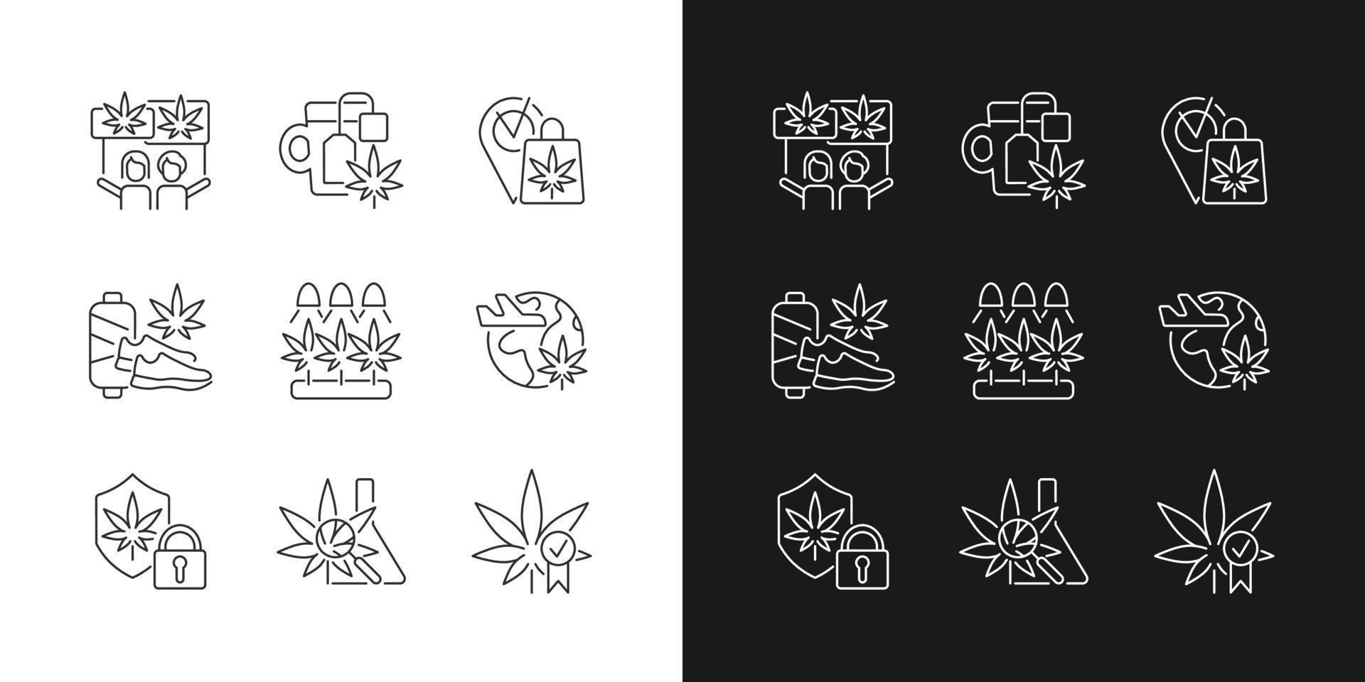 Cannabis usage linear icons set for dark and light mode. Marijuana culture. Recreational use. Hemp shipping. Customizable thin line symbols. Isolated vector outline illustrations. Editable stroke