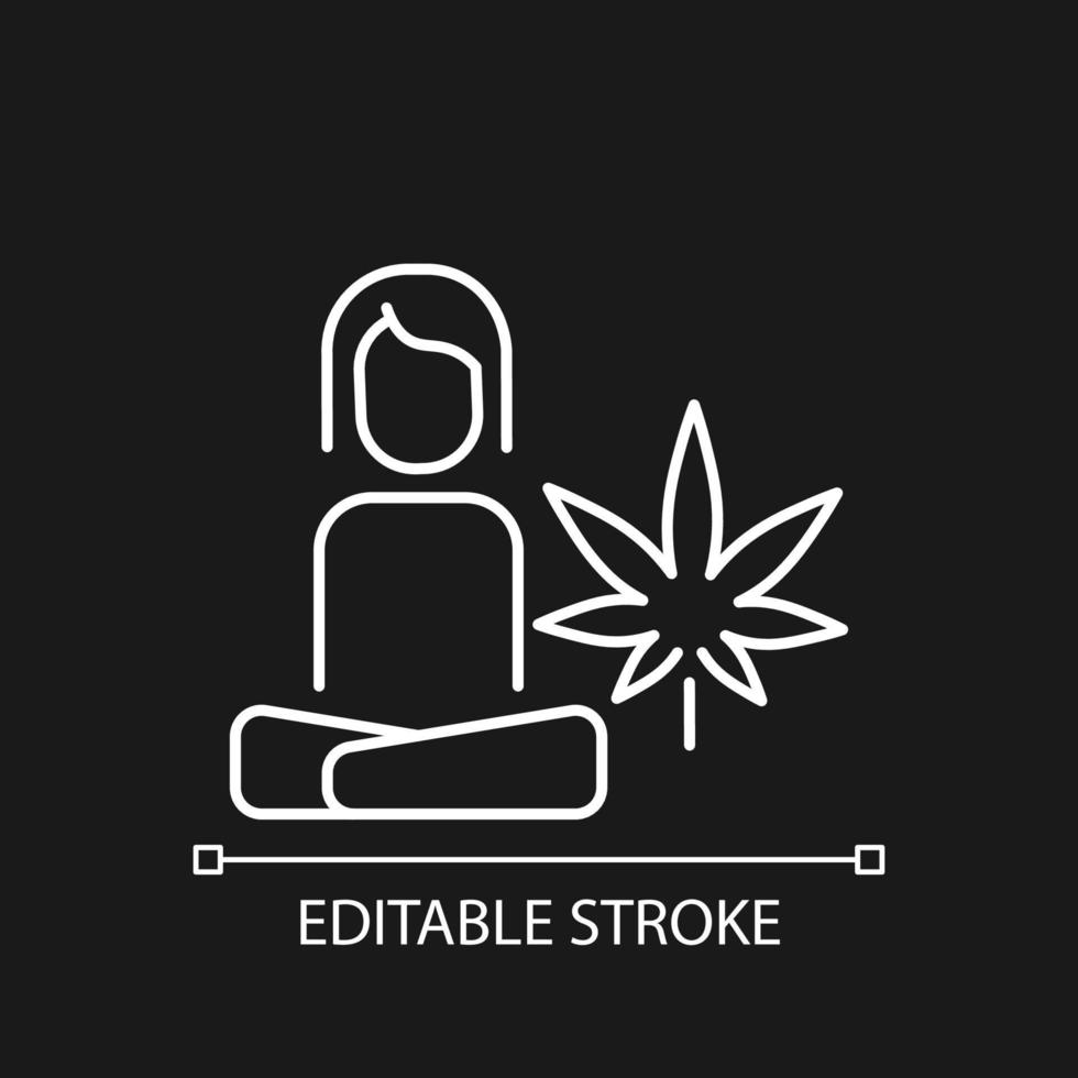 Terapia de estrés de cannabis icono lineal blanco para tema oscuro. Beneficios para la salud mental. tratamiento de ansiedad. Ilustración personalizable de línea fina. símbolo de contorno vectorial aislado para el modo nocturno. trazo editable vector