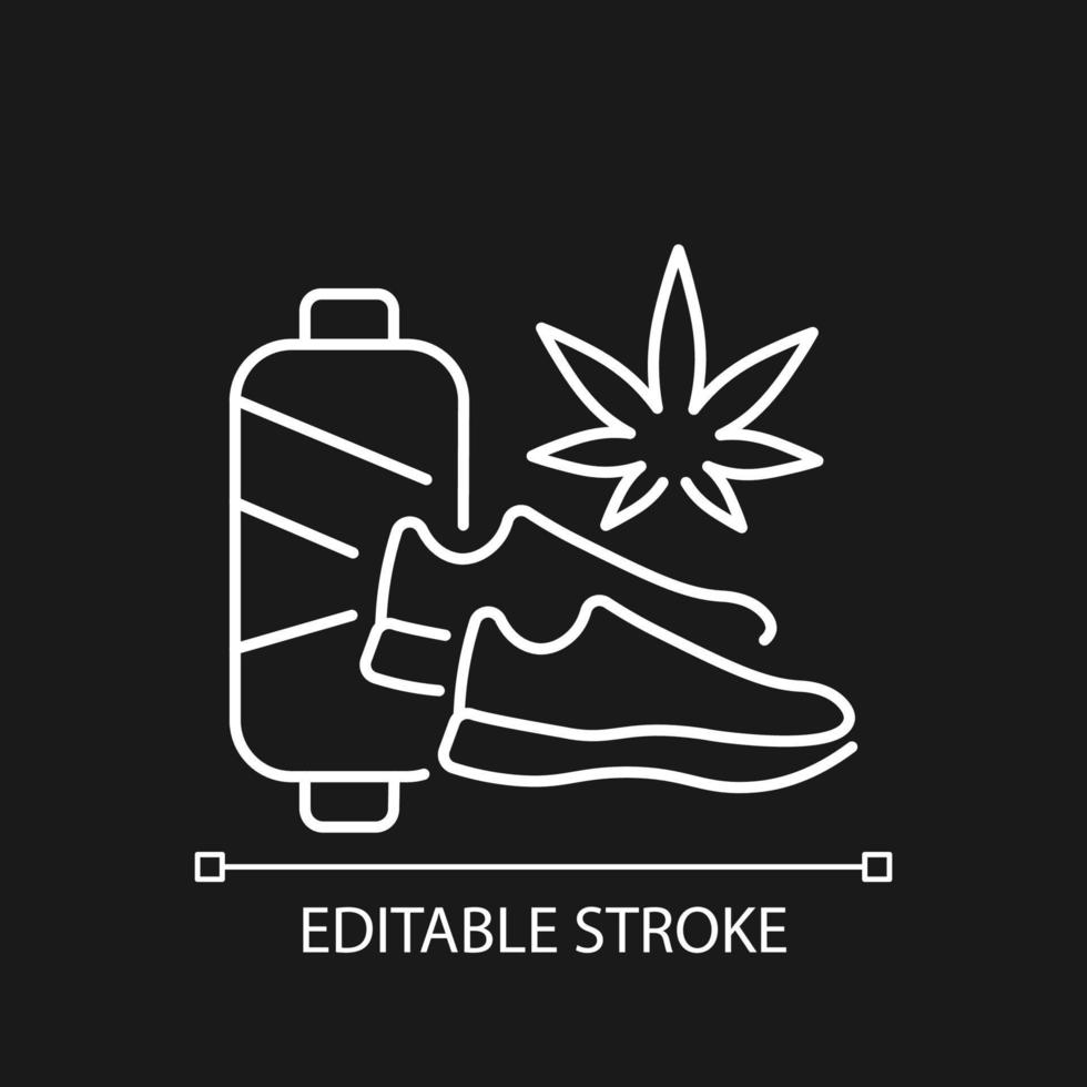 icono lineal blanco de zapatos de cannabis para tema oscuro. fabricación de calzado sostenible. zapatillas veganas. Ilustración personalizable de línea fina. símbolo de contorno vectorial aislado para el modo nocturno. trazo editable vector