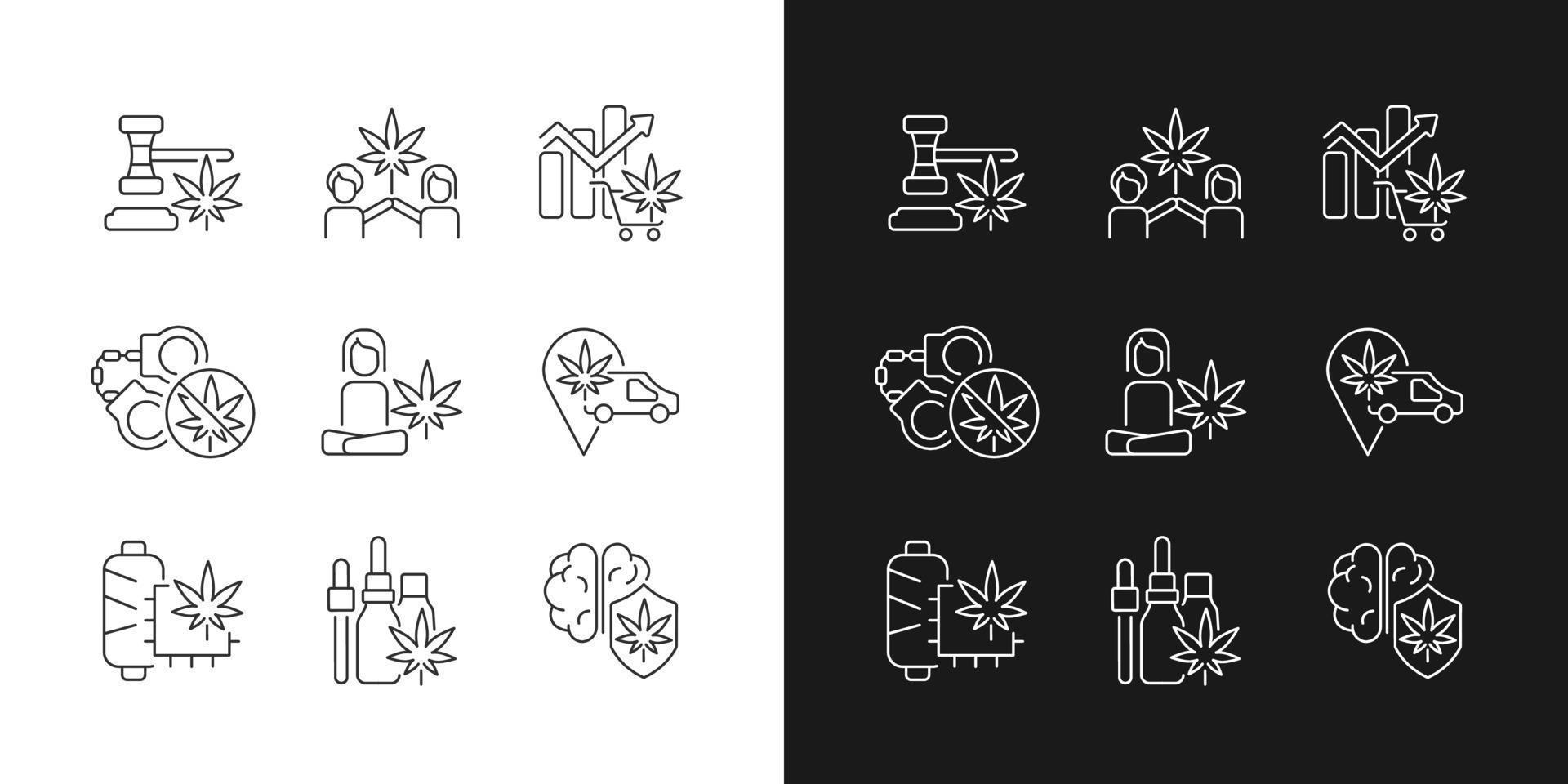 Marijuana plant use linear icons set for dark and light mode. Cannabis laws. Herbal medicine. Hemp fabric. Customizable thin line symbols. Isolated vector outline illustrations. Editable stroke