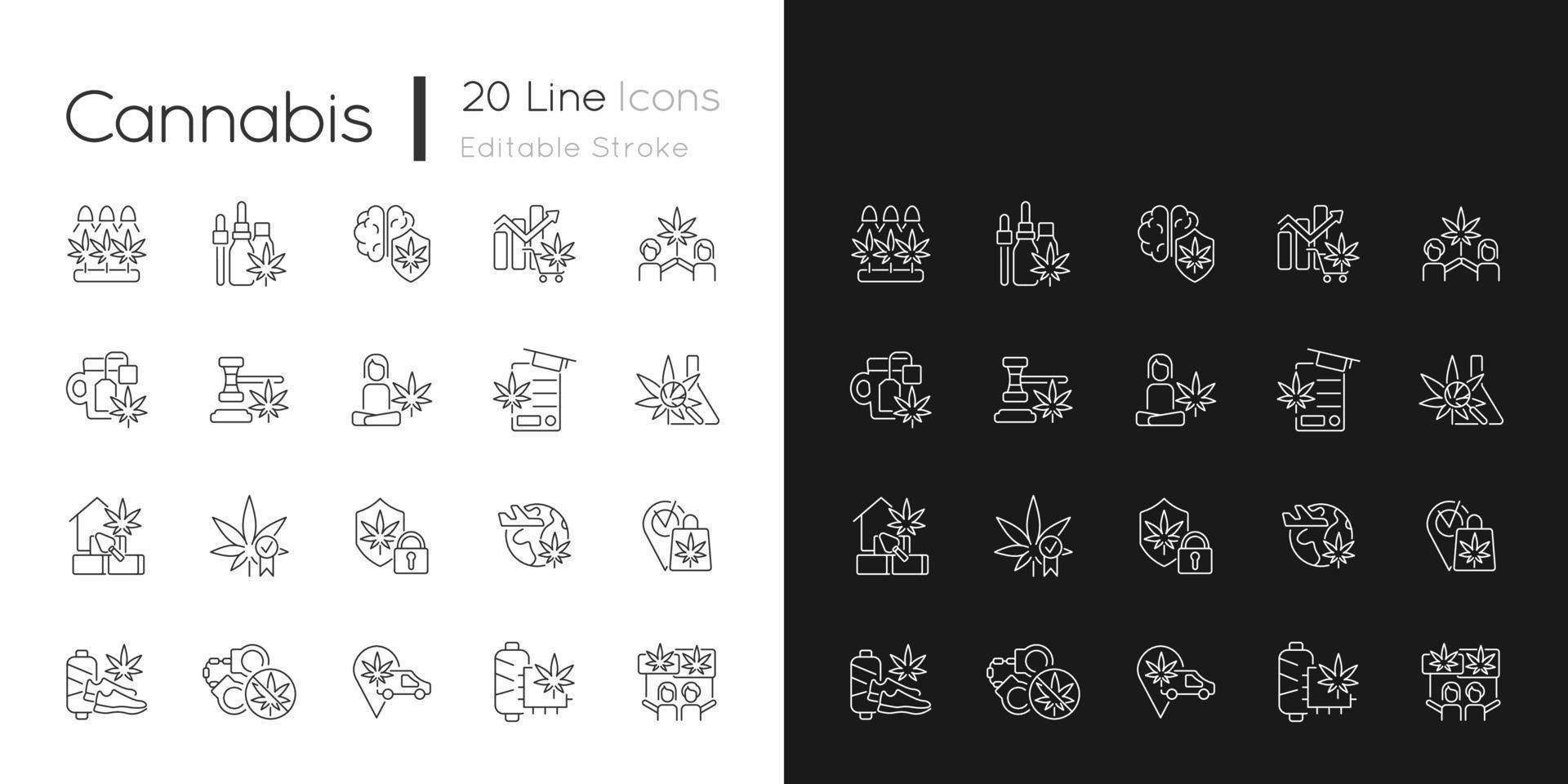 Cannabis in everyday life linear icons set for dark and light mode. Marijuana cultivation. Legalizing worldwide. Customizable thin line symbols. Isolated vector outline illustrations. Editable stroke
