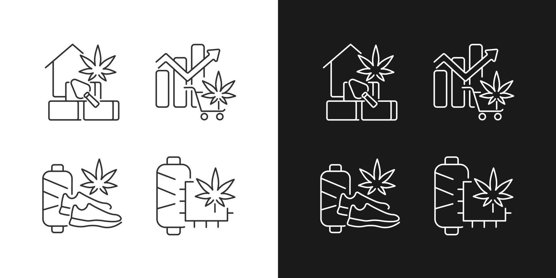 Iconos lineales de productos de cannabis establecidos para el modo oscuro y claro. material de cáñamo. mercado global de marihuana legal. símbolos de línea fina personalizables. ilustraciones de contorno de vector aislado. trazo editable