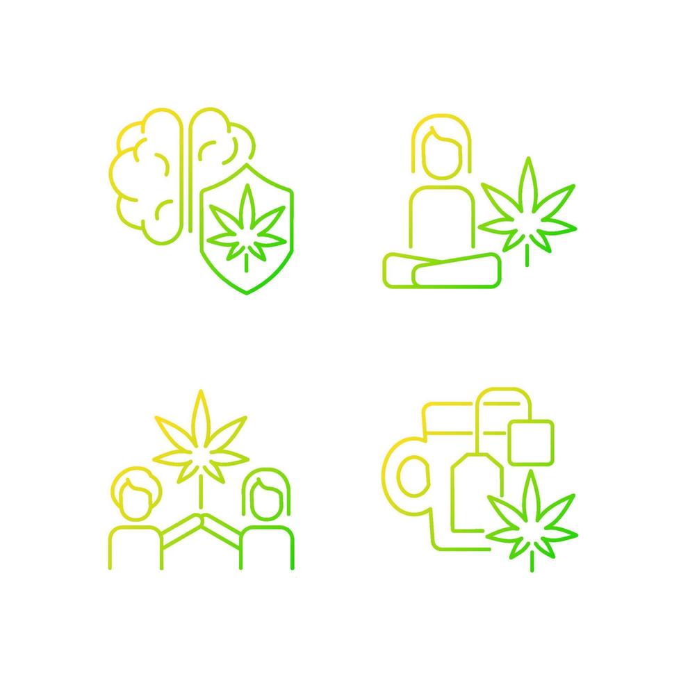 Cannabis and mental health gradient linear vector icons set. Marijuana brain protection. Antidepressant effects. Thin line contour symbols bundle. Isolated outline illustrations collection