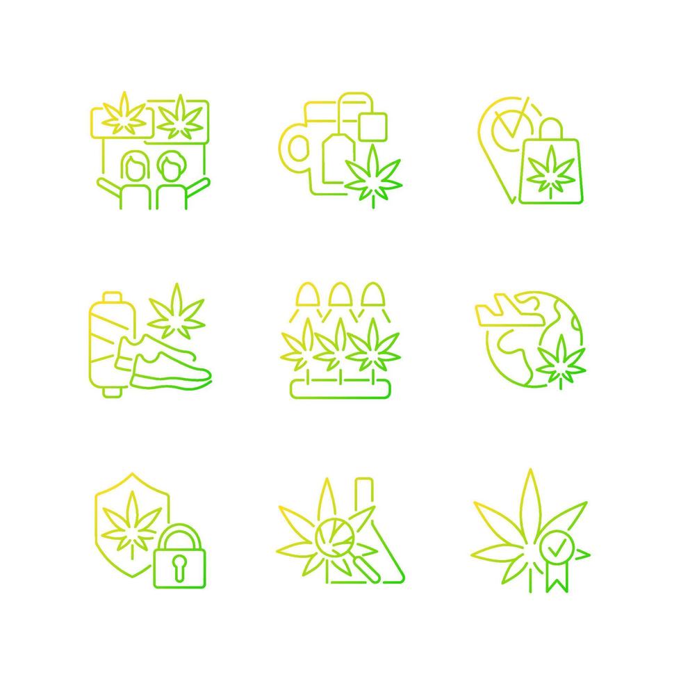 Cannabis usage gradient linear vector icons set. Marijuana culture. Recreational use. Hemp selling and shipping. Thin line contour symbols bundle. Isolated outline illustrations collection