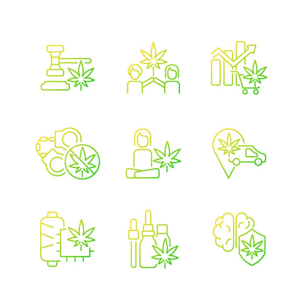 Marijuana plant use gradient linear vector icons set. Cannabis laws. Herbal medicine. Hemp fabric. Mental health benefit. Thin line contour symbols bundle. Isolated outline illustrations collection