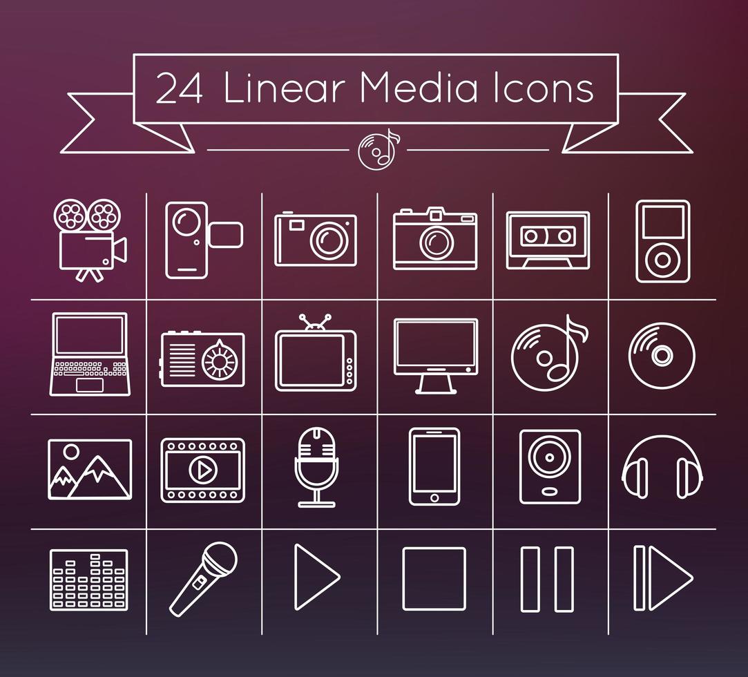 24 Simple linear vector Media icons set pack