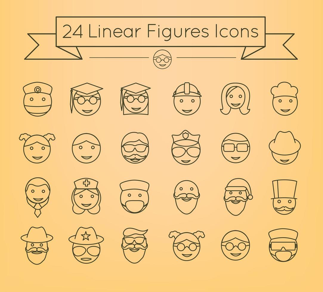 paquete de iconos de vector lineal de caras de personas simples