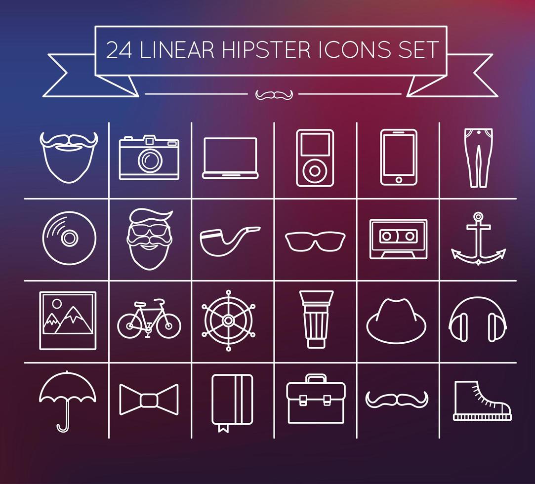 24 Linear Hipster icon set on gradient background vector