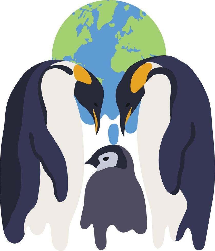 La familia de los pingüinos está sufriendo el calentamiento global. vector