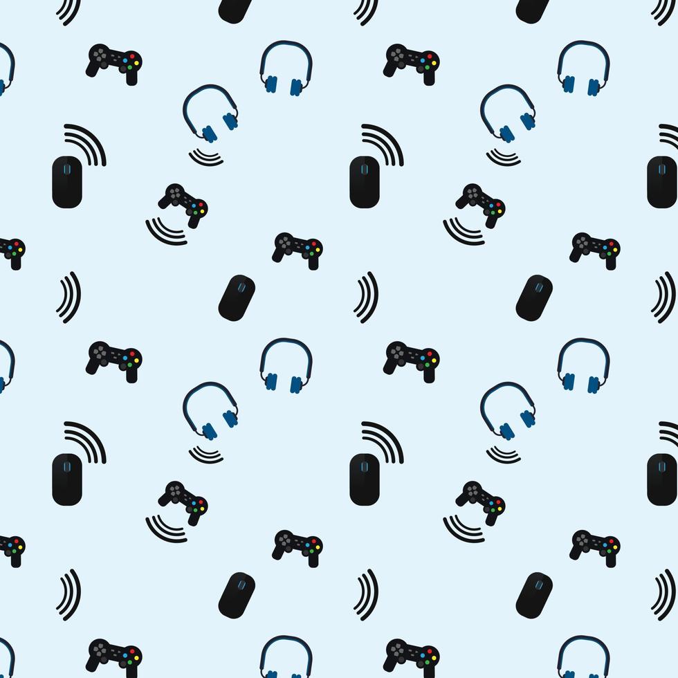 Gaming pattern on blue background with objects such as a controller or joystick, a mouse and a headset or headphones. Internet connection, sound, audio. Textile, wrap, wallpaper, background. vector