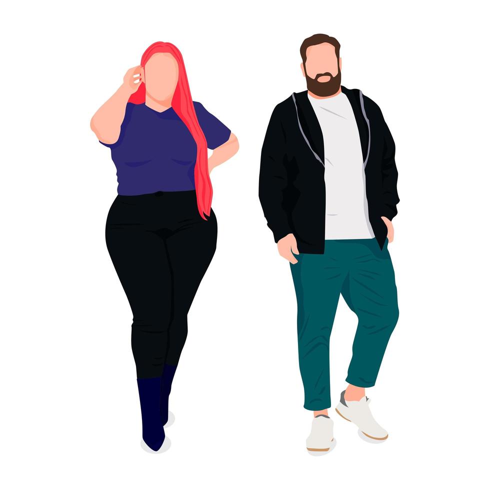 hombre y mujer con sobrepeso sobre fondo blanco - vector